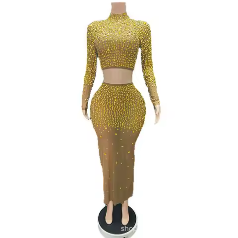 Luxury Gold Diamond Mesh Elastic Rhinestone Skirt Singer Performance Fashion Singing Clothes Adult Model Catwalk Trendy Clothes