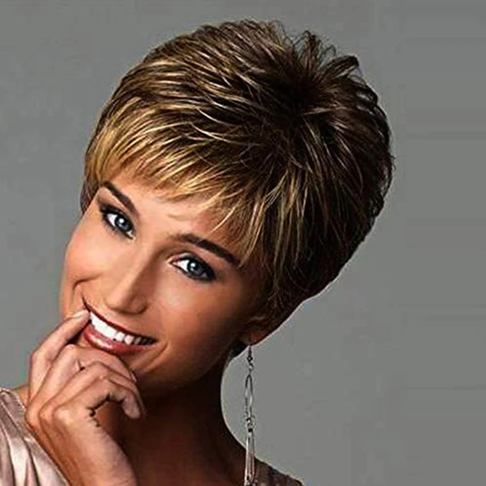 

Short Synthetic Wigs with Bangs for Women Soft Curly Mixed Brown Wig for Daily Use Costume Party Carnivals Workplace