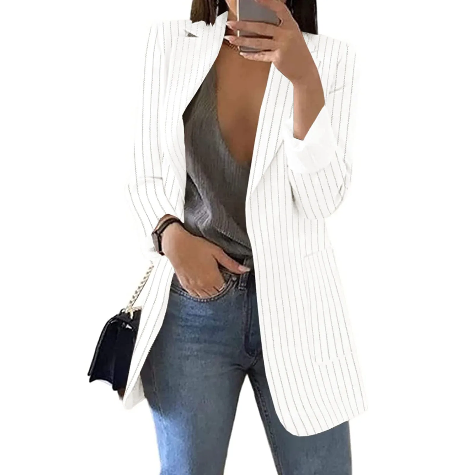 Women\'s Blazer Coat Stripe Open Front Pockets Cardigan Formal Suit Long Sleeve Blouse Coat