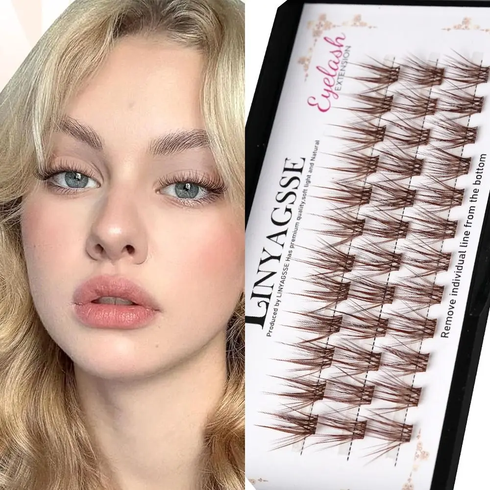 Clusters de cils bruns naturels sans cruauté animale, courbure L, avec bande transparente, 10~14MM, effet wispy, pour DIY