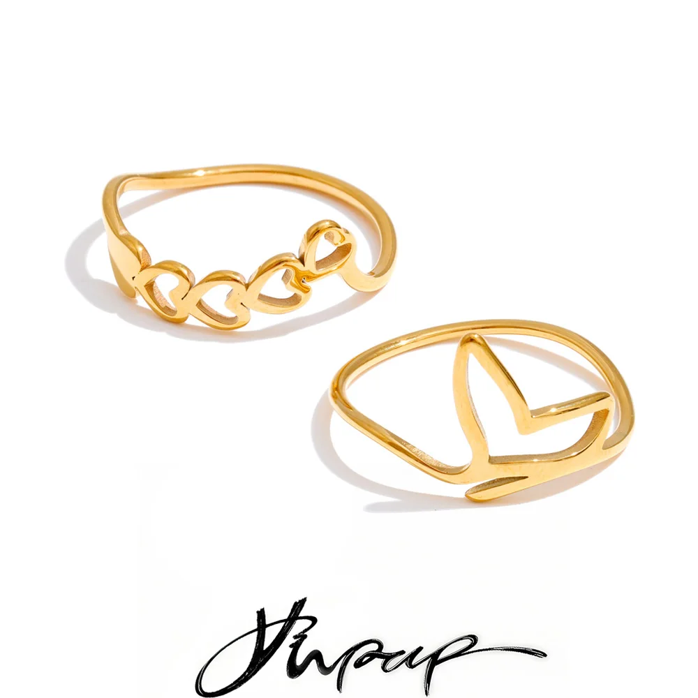 Yhpup Size 678 Minimalist Geometric Stainless Steel Heart Thin Finger Ring for Women Rust Proof Metal Charm Golden Jewelry Gift
