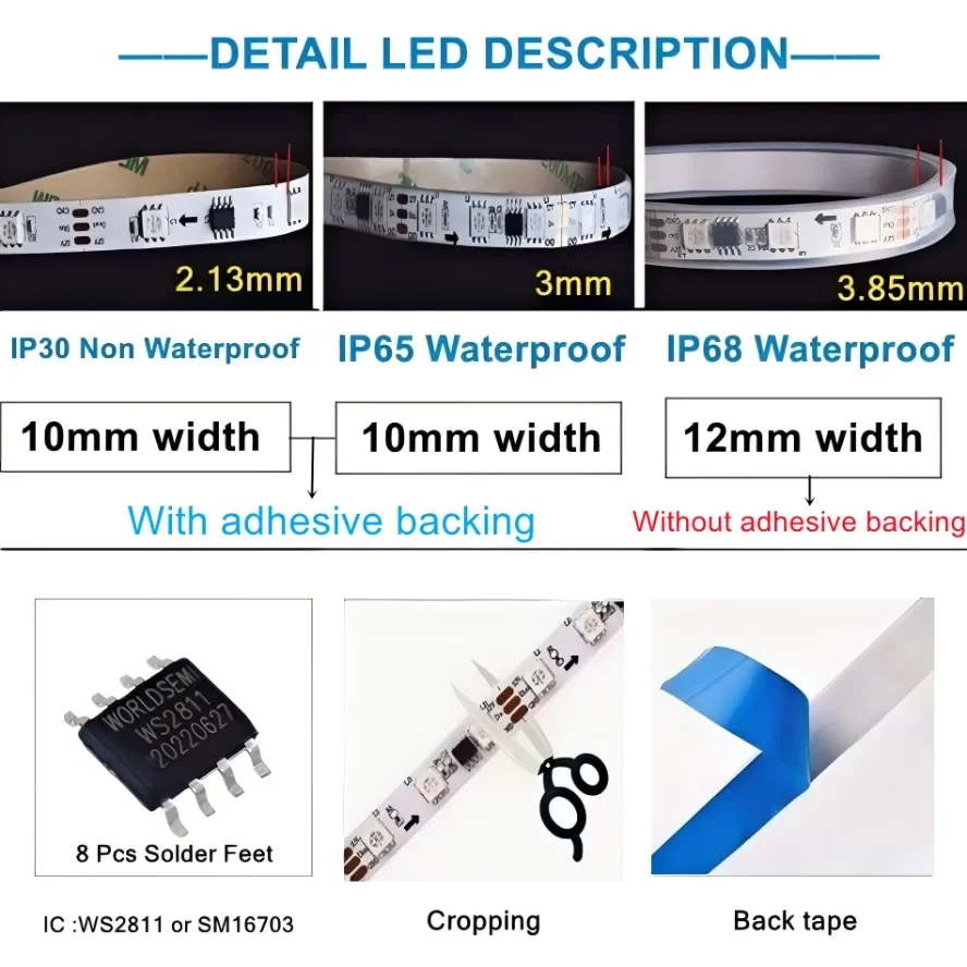 WS2811 SM16703 RGB LED Strip DC12V 24V 30LEDs 60LEDs/M Color Flexible Light Tape 0.5‑5M Cuttable Black White PCB for Home Decor