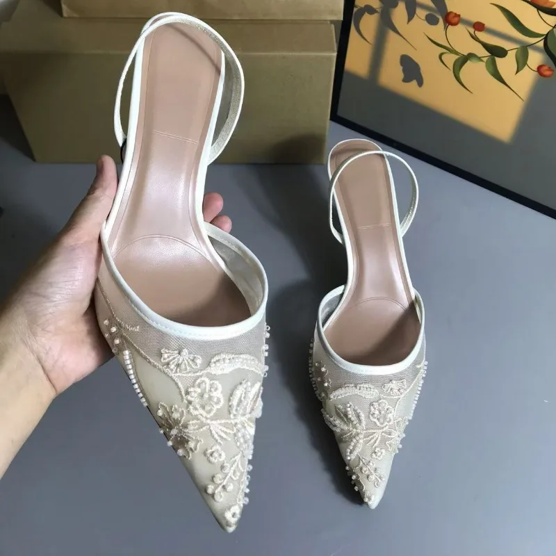 High Heels Women Sandals Vintage Embroidered Mesh White Pointed Toe Stiletto 2025 Summer Elegant Wedding Bridal Female Shoes