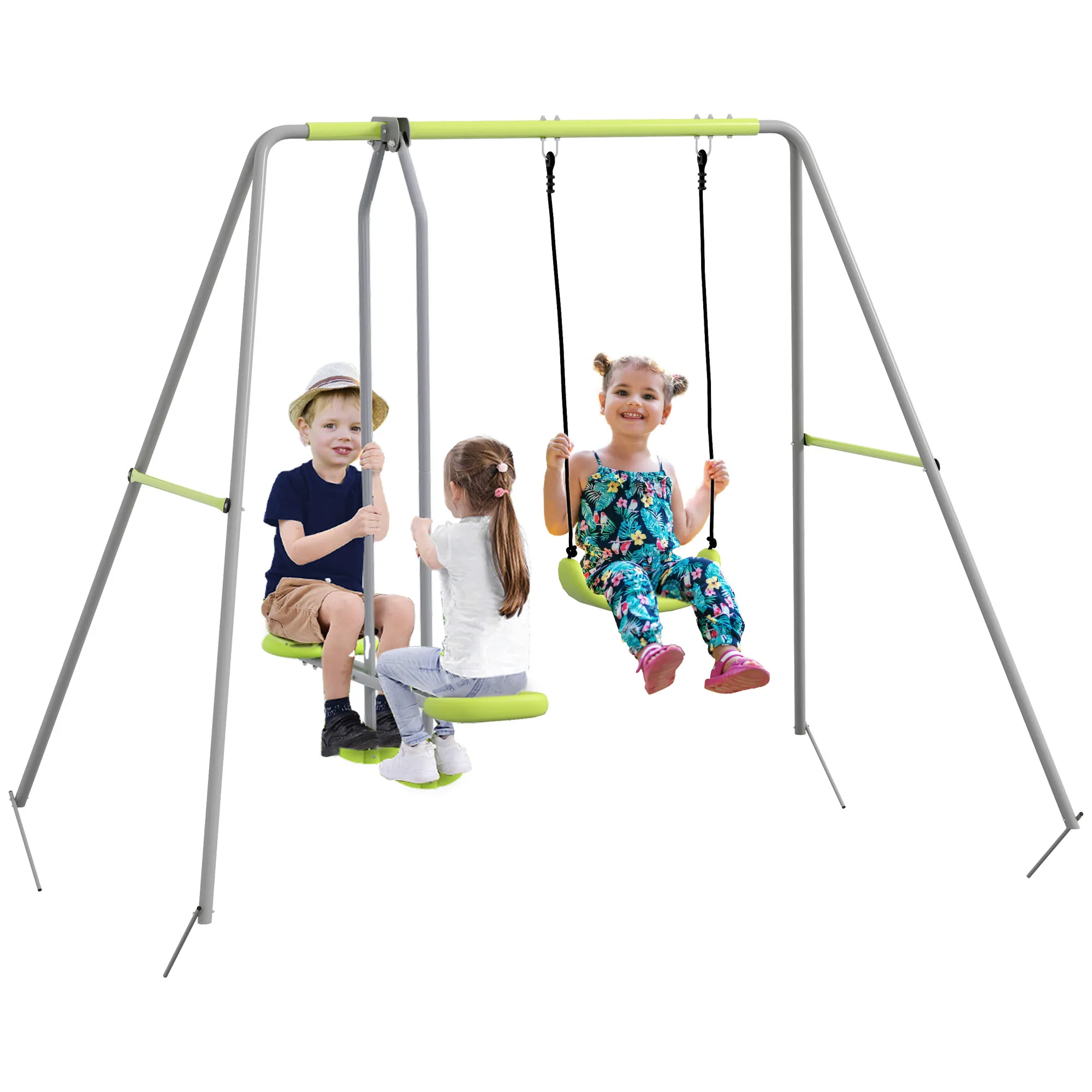 Outsunny  Columpio para Niños Columpio Jardín Exterior con 1 Columpio Simple 1 Planeador y Anti-UV 255x160x180 cm Gris y Verde