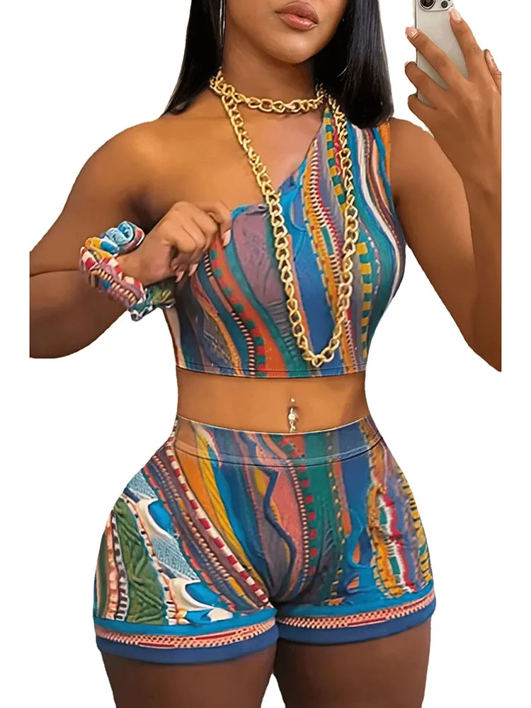 

Szkzk Multicolor Prints Two Piece Women One Shoulder Tank Crop Top And Shorts Sexy Suit Summer Night Club Party 2pcs Set Outfit