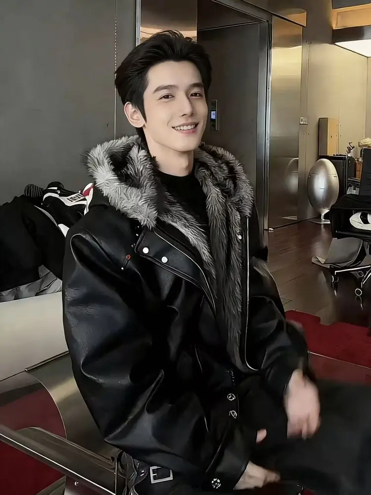 

American Retro Biker Jaet Thiened Cotton Coat with Fur Collar And Hood Warm Outerwear for Teens Cleanfit Sle Pure Color