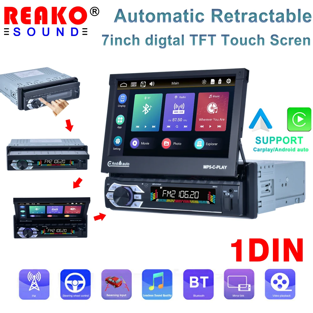 

REAKOSOUND 1 Din 7'' Touch Screen l Car Multimedia Player with Carplay BT FM Radio Receiver Support USB And Rear View Came 9601C