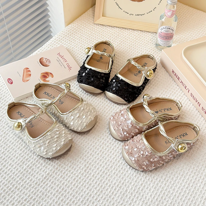 

Children Mary Jane Leather Sequin Princess Shoes for Girls 2025 Spring New Soft Sole Party Shallow Mouth Cute Single Shoes