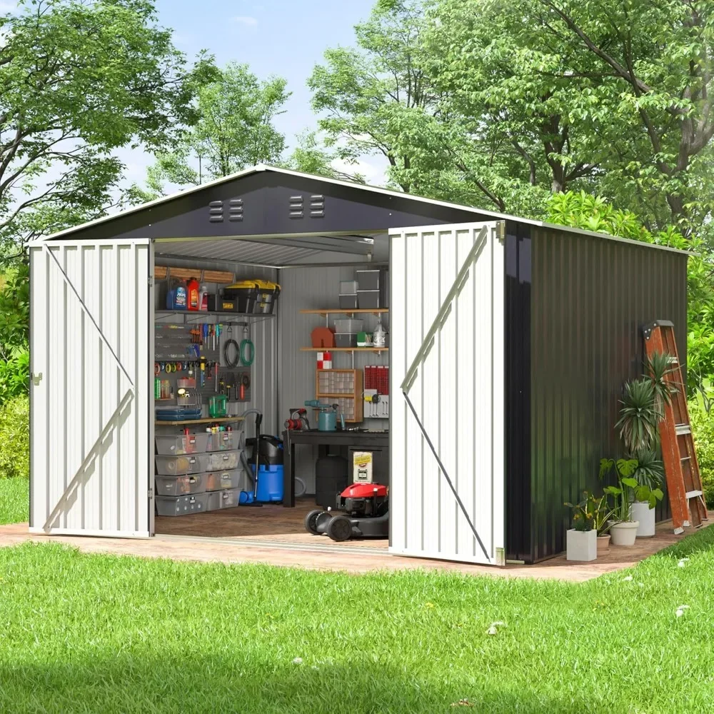 Outdoor Storage Shed with Upgraded Frame Structure, Metal Garden Shed, Black, 10x8 Feet