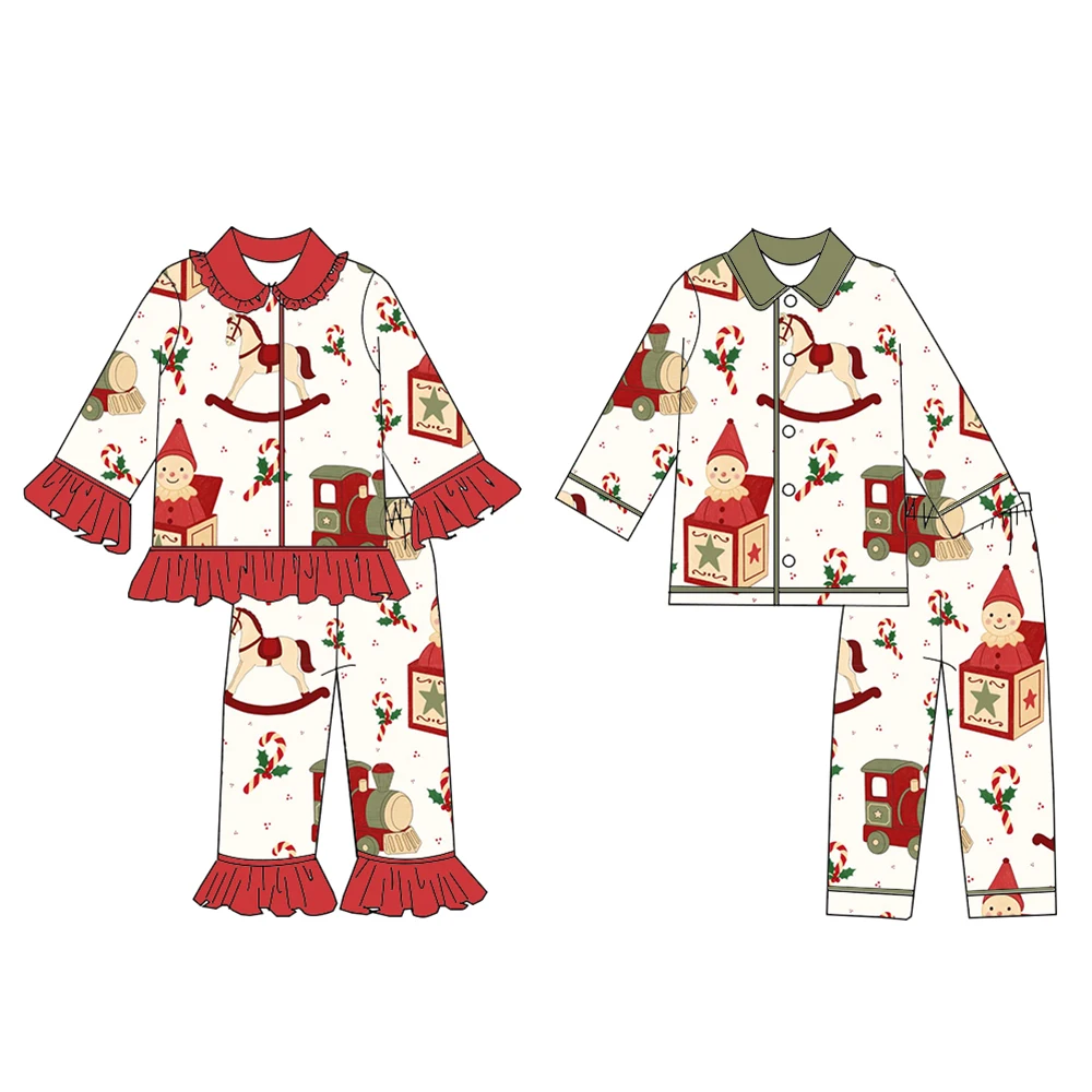 Boutique Boy Girl Christmas Set Christmas Series Print Long Sleeve Button Down Top Trousers 2Pcs Kids Ruffle 3