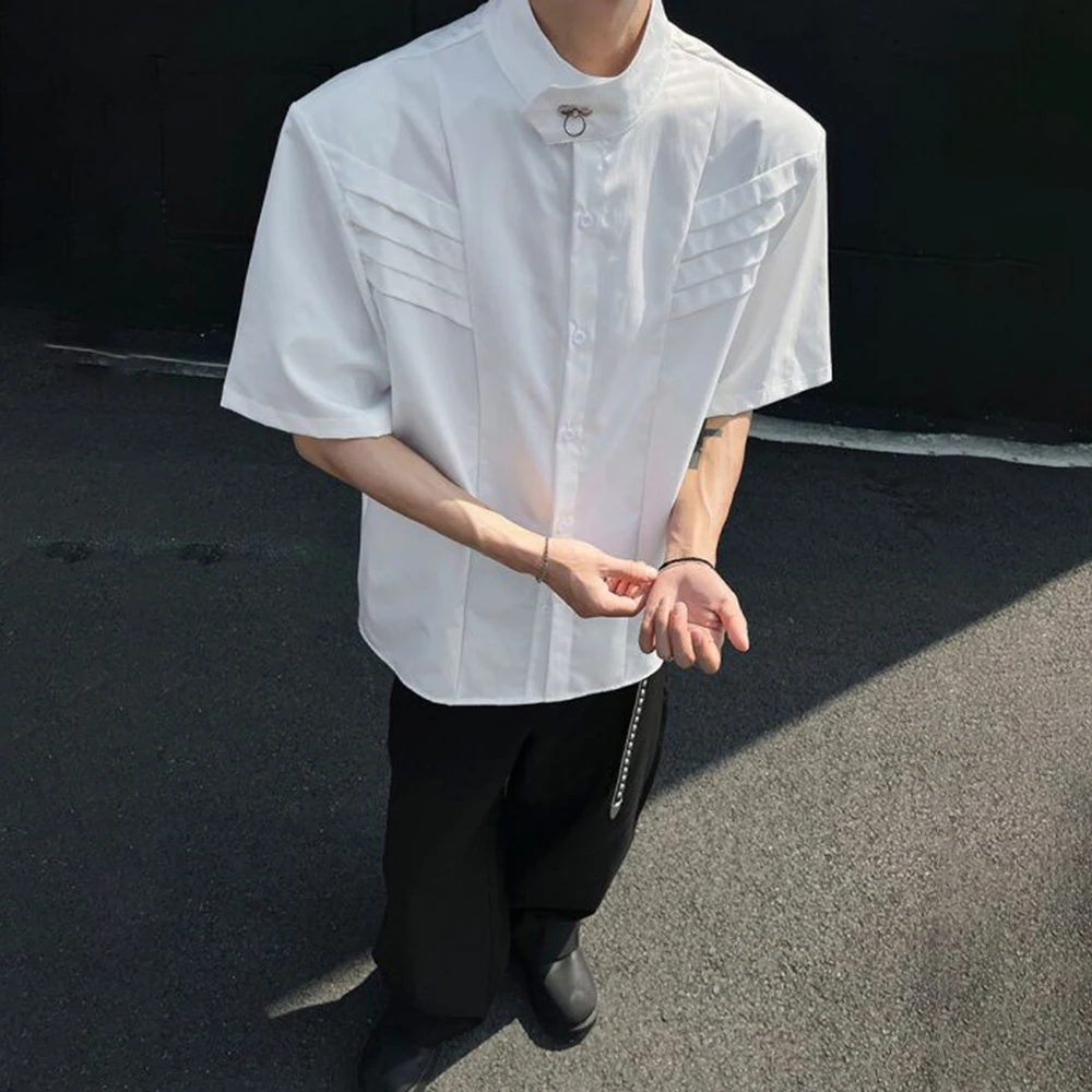 Mens Deconstructed Metal Buckle Layered Shoulder Padded Shirt Streetwear Fashion Youth Outdoor Short Sleeved Top Men'S Wear 2026