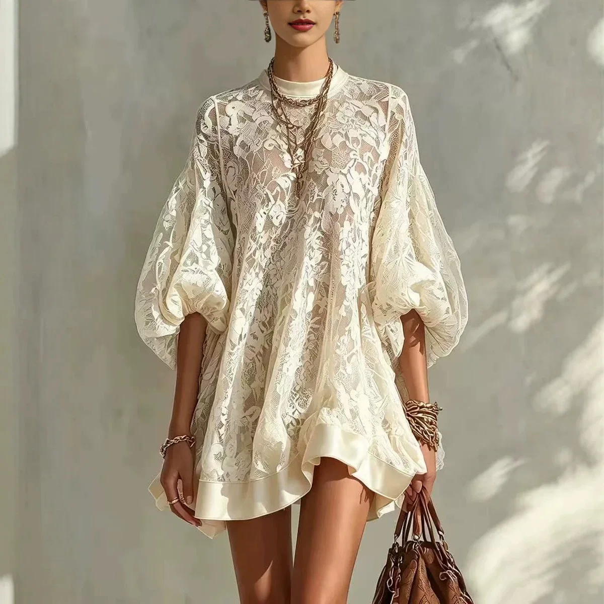 2026 Women Casual Loose Beach Vacation Cover Up, Lace Breezy Resort Top