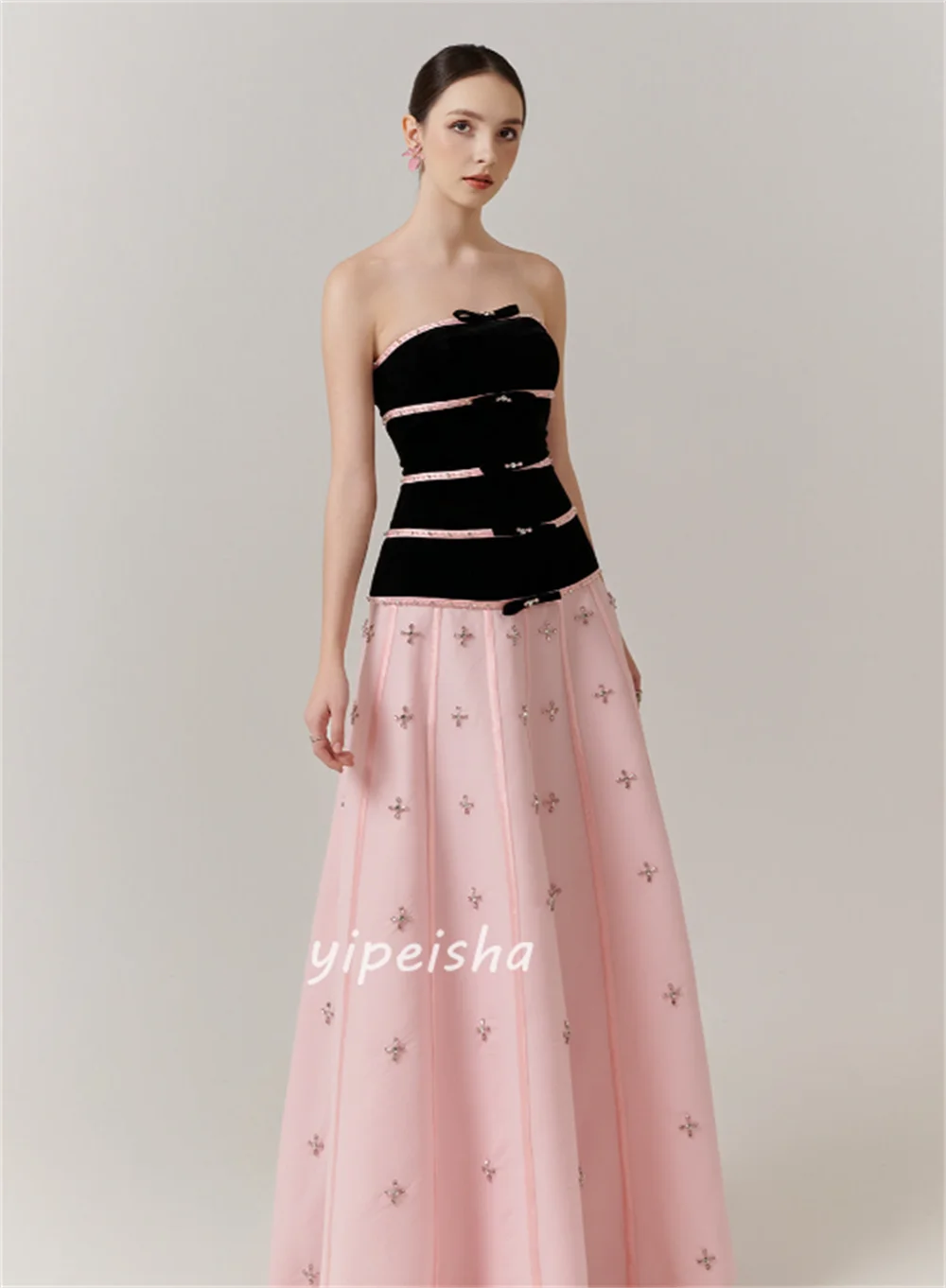 Customized High Quality Women Jersey Rhinestone Bow A-line Evening Dresses Formal Strapless Sleeveless Floor Lenght Prom Dresses image 2