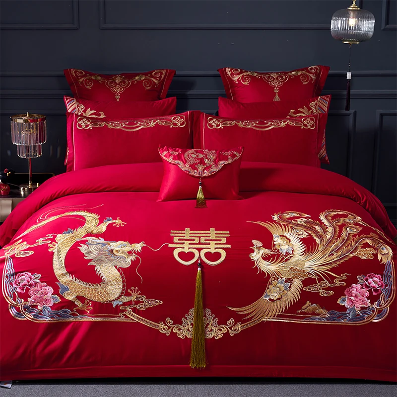 Imagem -02 - Luxo Ouro Dragão Phoenix Bordado Vermelho Chinês Casamento Algodão Conjunto de Cama Peças Colcha Duvet Cover Folha Fronha