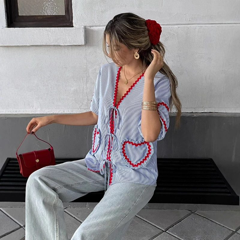 

Women T Shirt Striped Bandage V Neck Casual Tops Cardigan Half Sleeve Elegant Streetwear Lace Up Print Top Summer 2025