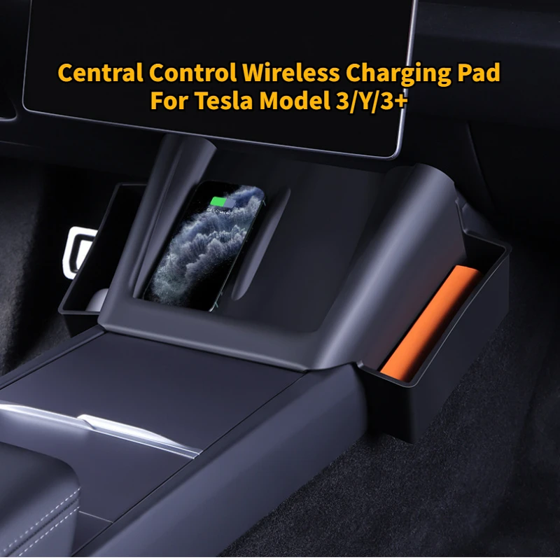 

Silicone Wireless Charging Pad for Tesla Model 3/Y/3+ 2021-2024 Central Control Mat Storage Box with Side Pocket Car Accessories