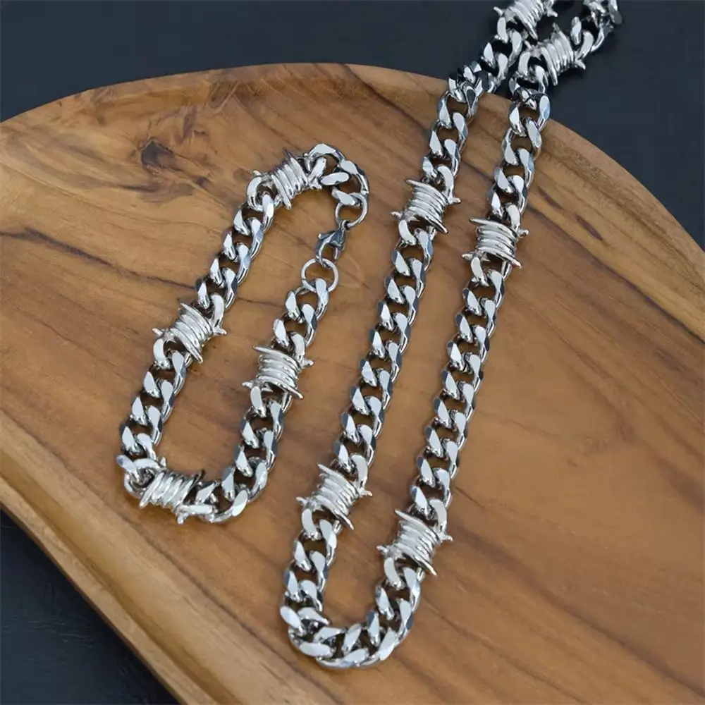 Titanium Steel Cuban Bracelet Punk Style Chain Collar Barbed Wire Necklace Silver Neo-Gothic Thorns Choker Necklace Jewelry Gift