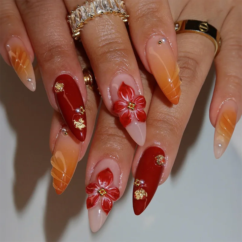 

24PCS 3D Flower Pearl French Fake Nails Sweet Pink Gradient Almond Press on False Nail Art for Girl Women Wearable Nail Manicure