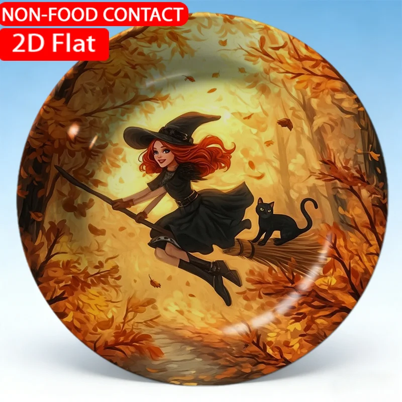 1pc of Stylish Ceramic Decorative Plate Featuring an Autumn Witch in Flight with a Black Theme, Designed for Non-Food Use.