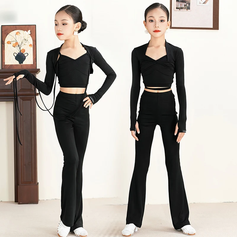 

New Latin Dance Clothes Girls Practice Wear Black Top Pants Set Cha Cha Rumba Tango Training Suit Children Latin Outfit VDL4424
