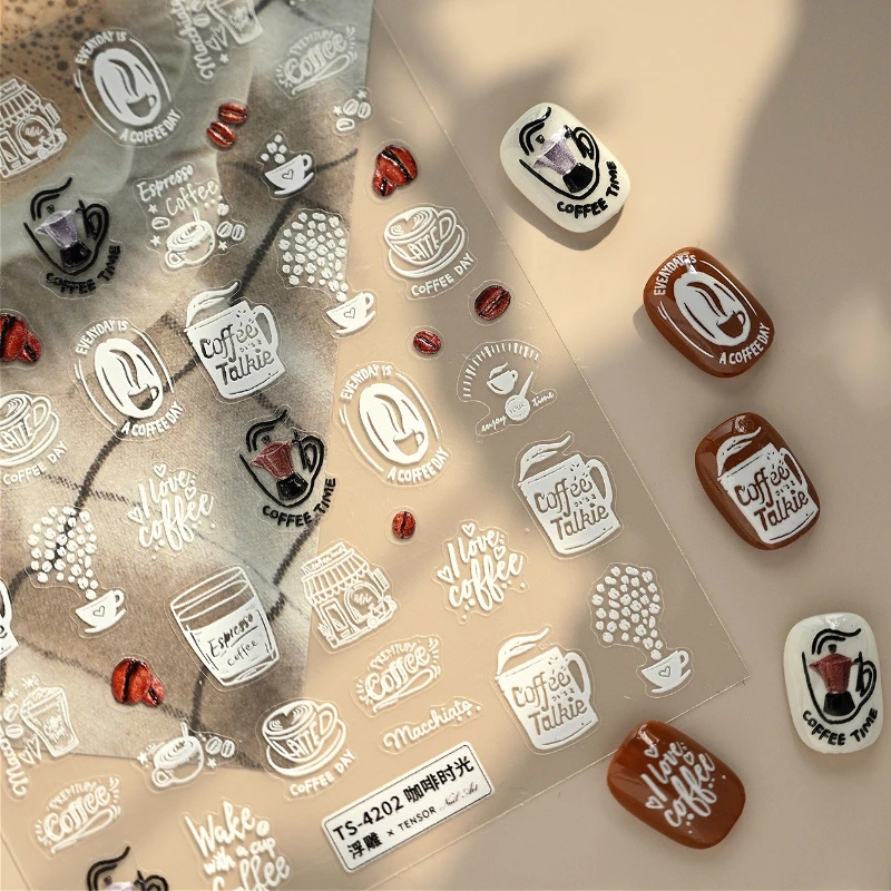 Graffit Koffiebonen Koffiepotten Coffeeshops Afternoon Moments 3D Zelfklevende Nail Art Stickers Cake Dessert Manicure Decals