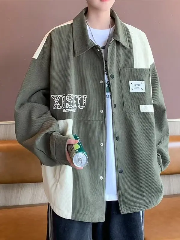 

Мужская вельветовая куртка оверсайз с воротником, в стиле пэчворк, осенне-зимняя, новая, в американском стиле, больших размеров