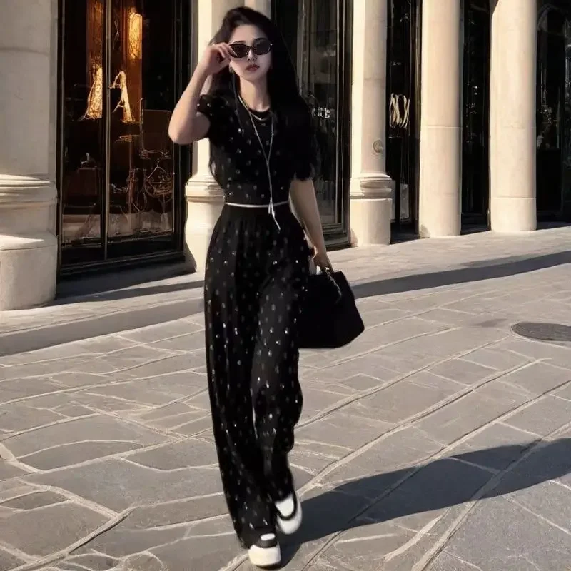 

New Fashion Diamond Design Women's Two Piece Set O-neck Short Sleeve Crop Top T-shirt + High Wiast Straight Legs Pants Sets