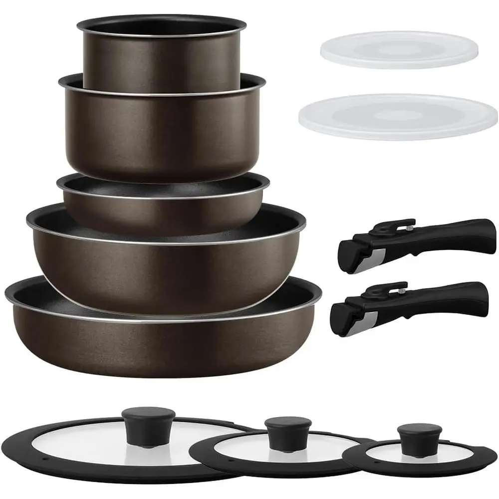 

12-Piece Diamond-Coated Frying Pan Set, Induction and Gas Compatible, Detachable Handle, Lightweight, 3 Colors, Metallic Brown