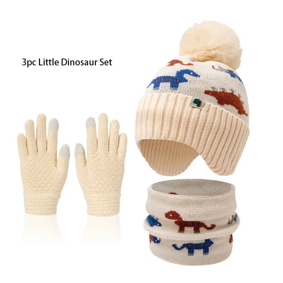 Conjunto de chapéu, cachecol e luva infantil 3pc3-12Y, para meninos e meninas no outono e inverno, chapéu de lã de malha quente, protetores de ouvido e