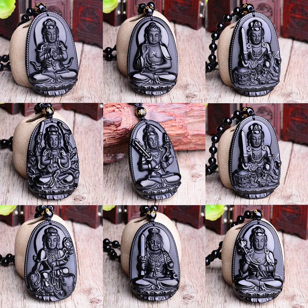 Buddha Pendant Men Women Lucky Wealth Amulet Necklace Black Obsidian Carved Eight Guardians Lucky Beaded Rope Pendants Jewelry