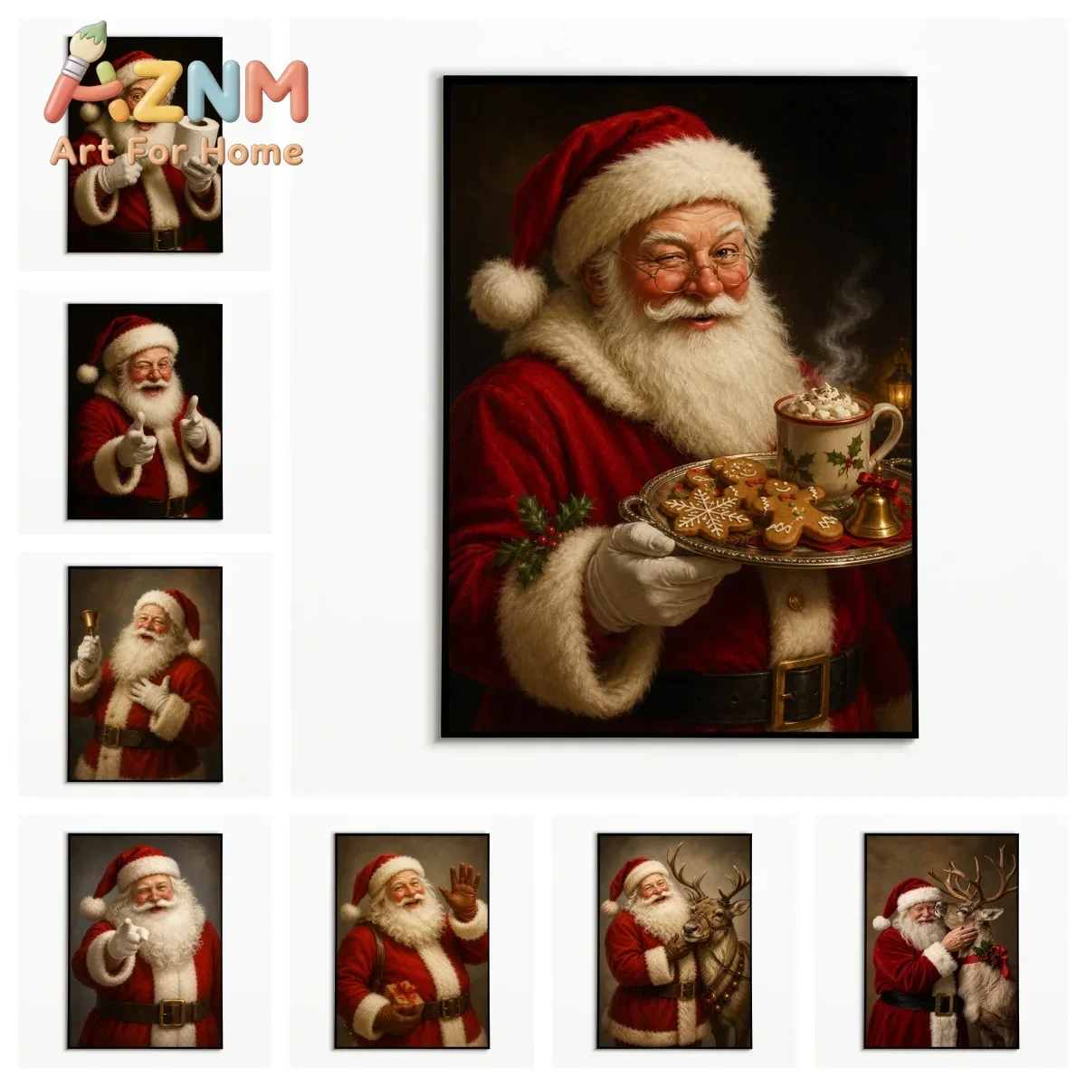 AZNM Vintage Santa Claus Canvas Poster Christmas Gingerbread Hot Cocoa Reindeer Art Print Retro Holiday Home Wall Decor Unframed