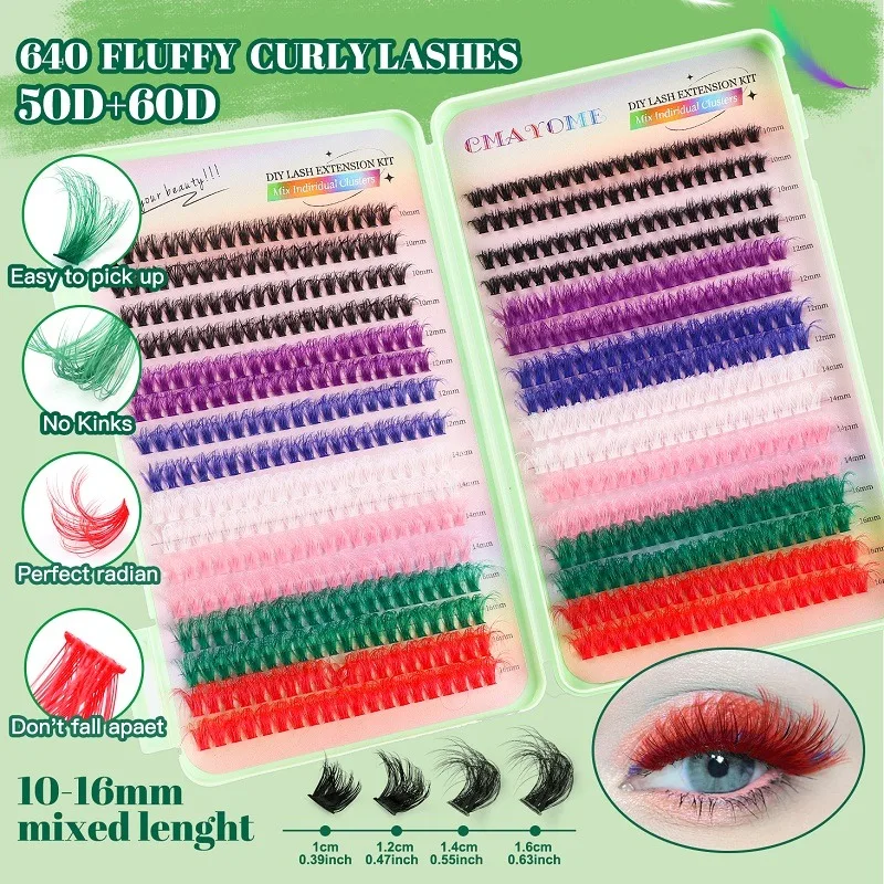 640 Cluster Halloween Wimpernverlängerungsset Cosplay Make-up 50/60D Bunte falsche Wimpern Bond und Seal DIY Cluster Wimpern