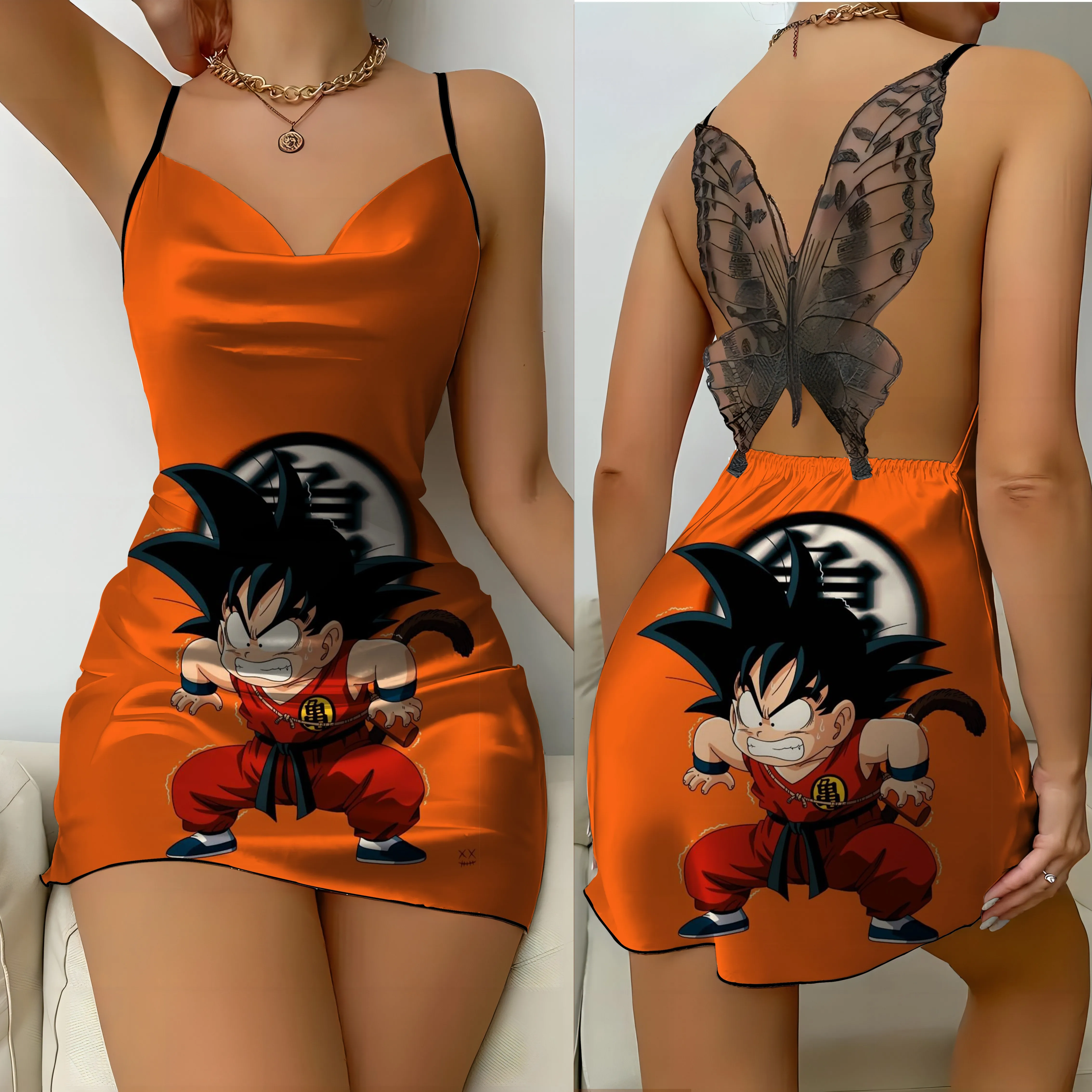 Falda de pijama con espalda descubierta para mujer, vestido de fiesta con lazo, Bola de Dragón, superficie de satén, Son Goku, moda de verano 2024