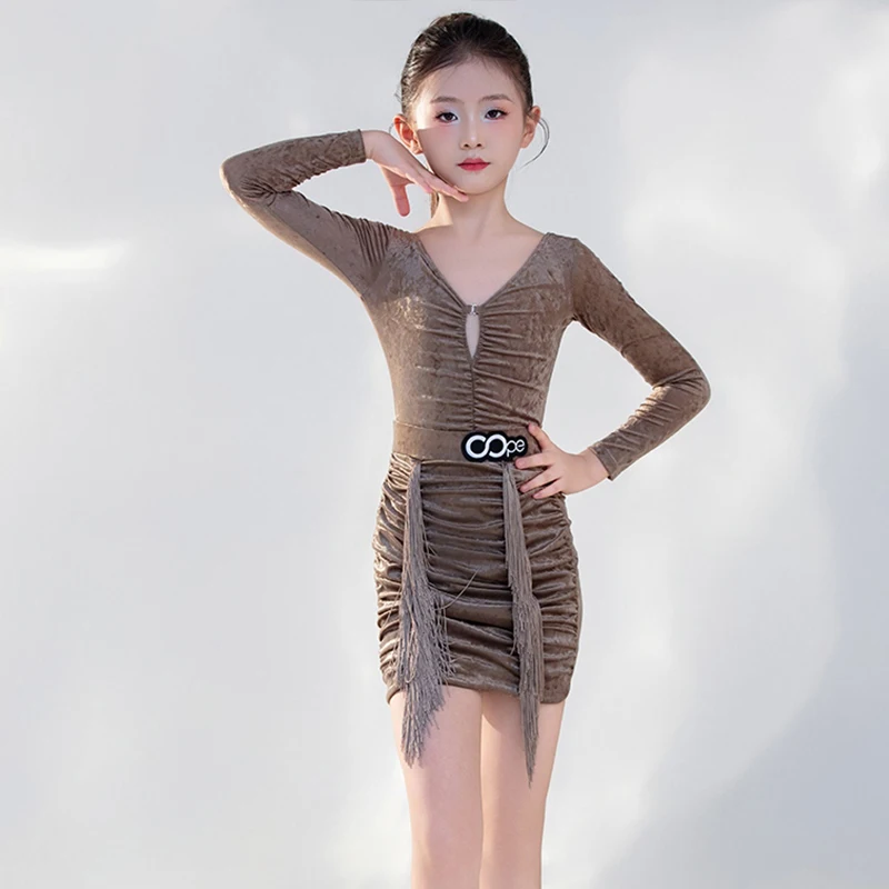 

Детская одежда для латинских танцев, костюм для выступлений с длинными рукавами, комплект для латинских танцев для девочек, боди с v-образным вырезом, юбка с бахромой, танцевальная одежда 2571