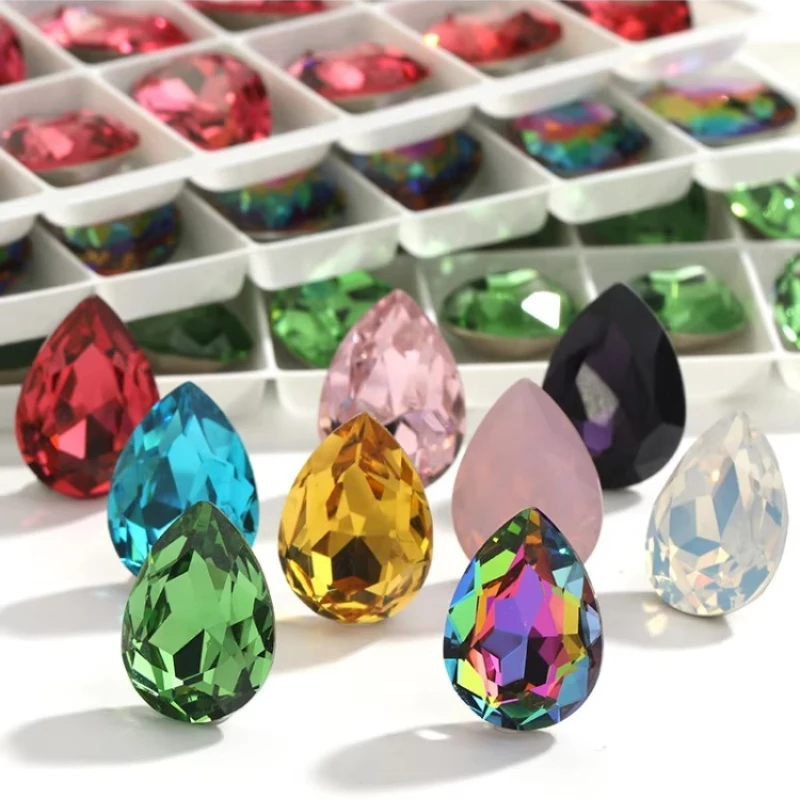 Glass Crystal Water Drop Shape 3 Sizes Rainbow & Jelly Candy AB Colors Point Back Glue On Rhinestone Beads Applique DIY Trim