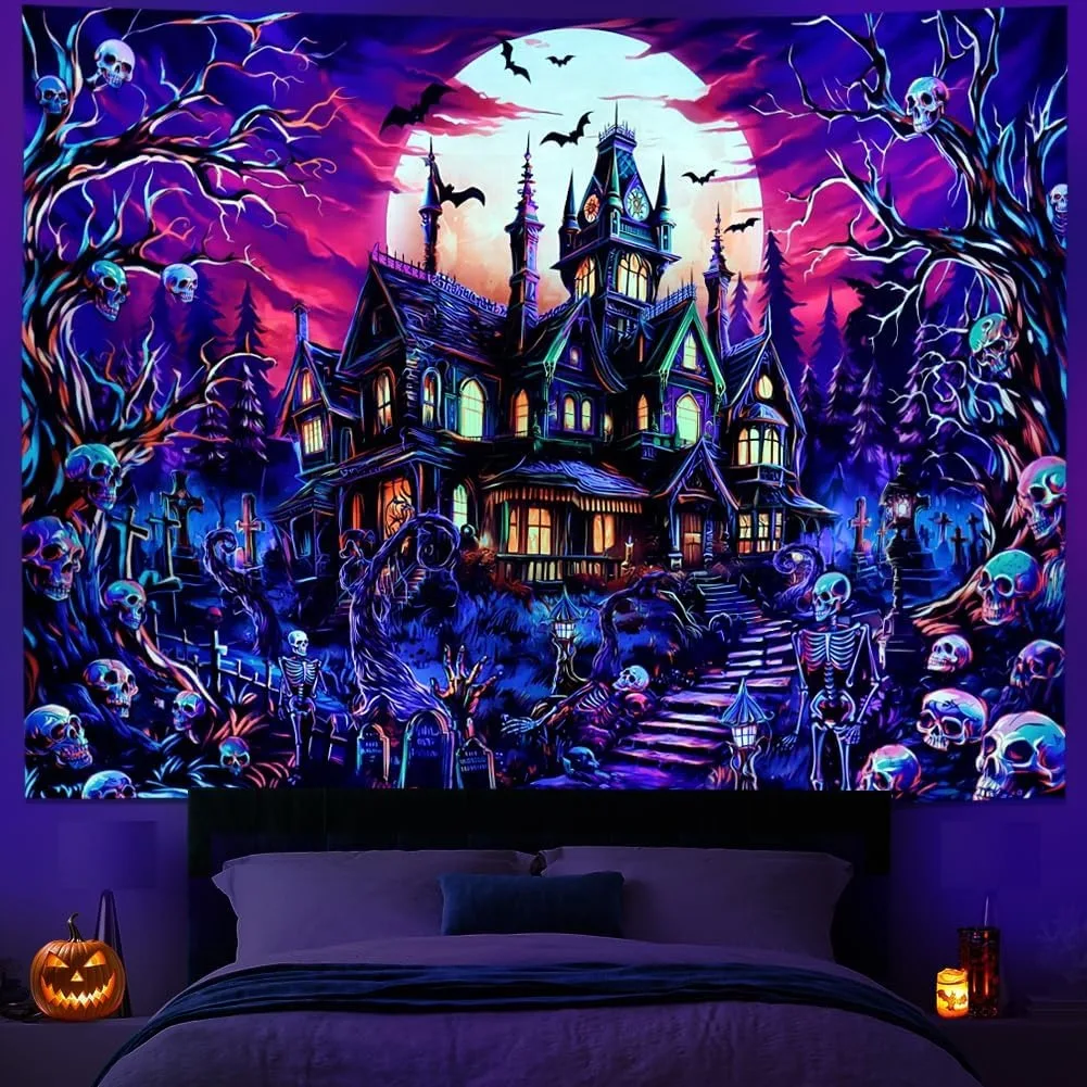 Blacklight Halloween Horror Fluorescent Tapestry UV Reaction Luminescence Halloween Mural Art Decoration Gothic Castle