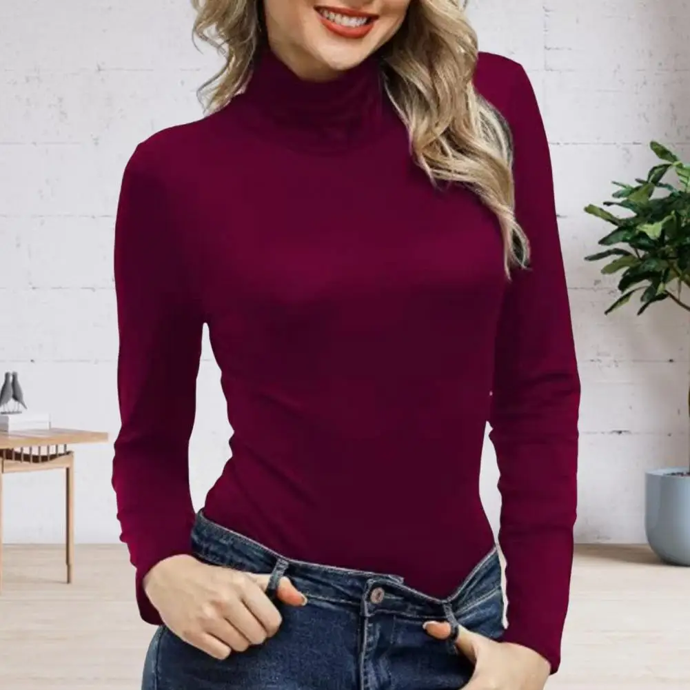 

Slim Fit Top Women's High Collar Long Sleeve Pullover Tops Slim Fit Turtleneck Blouse for Daily Wear Solid Color Bottoming Tops