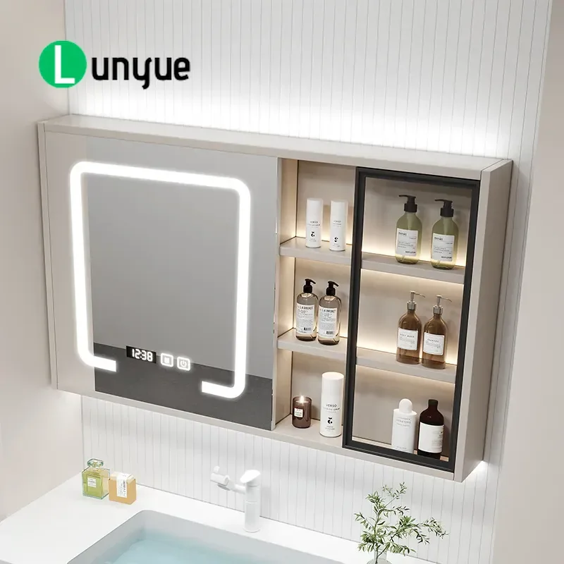 Smart Mirror Cabinet Bathroom Glass Door Waterproof Solid Wood Wall Hanging Storage Grid Design Modern Vanity for Home Decor