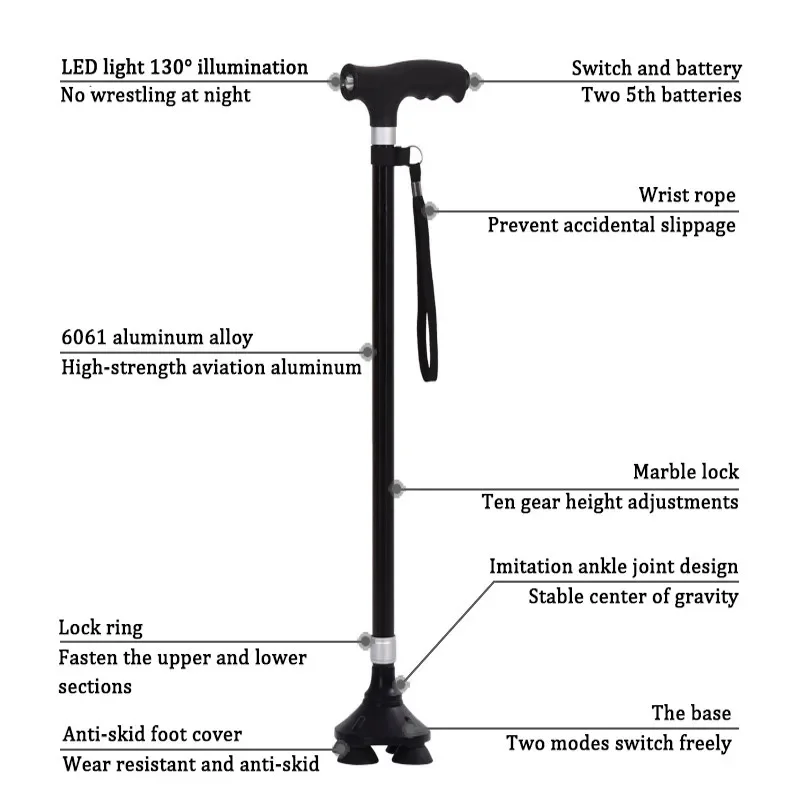 Non-Slip Walking Sticks for the Elderly, Retractable Aluminum Alloy Multifunctional Cane with LED Light, Old Men Crutch