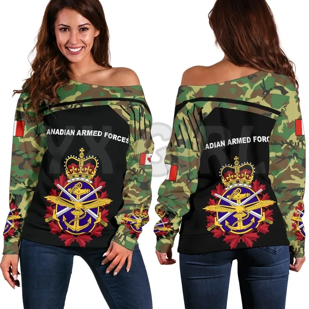 Yx menina canadense forças armadas fora do ombro camisola bandeira 3d impresso novidade feminina casual camisola de manga longa pulôver