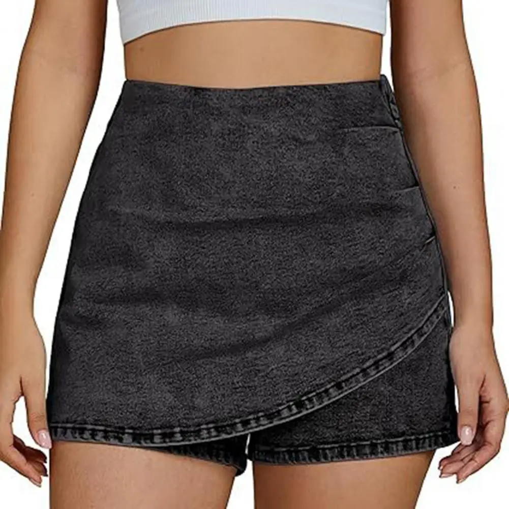 Daily Wear Shorts Women Faux Wrap Short Skirt, Asymmetrical Hem Stretchy Jean Skirt, Summer Bodycon Mini Skirt