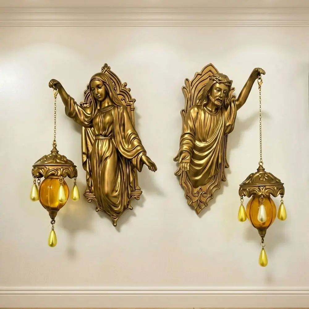 Vintage Religious Figure Led Wall Lamp Church Style Resin Jesus Mary Wall Sconce Soft Light Crystal Pendant