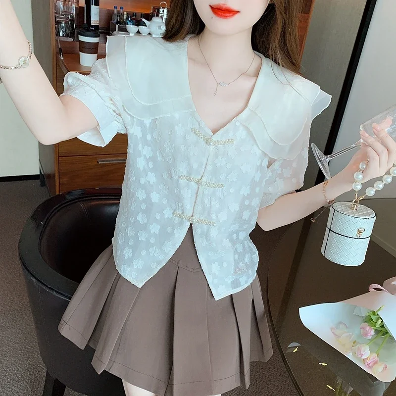 

Summer New Short Sleeve Doll Collar Women Shirt Casual Chiffon Shirt Blouse Women Tops Blusas Mujer De Moda 2024 Verano G511