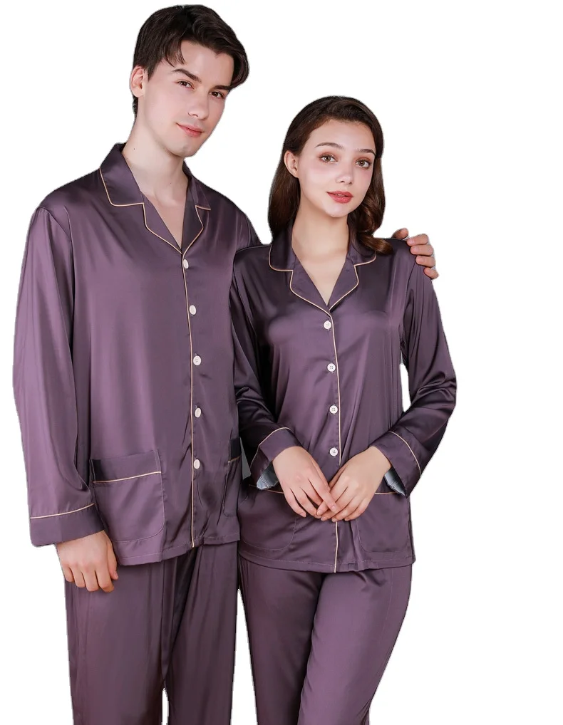 

Silk Couples Sleepwear Sets Turn-down Collar Pyjama Pajamas for Adults Long Sleeves Elastic Waist Home Clothes for Women Men