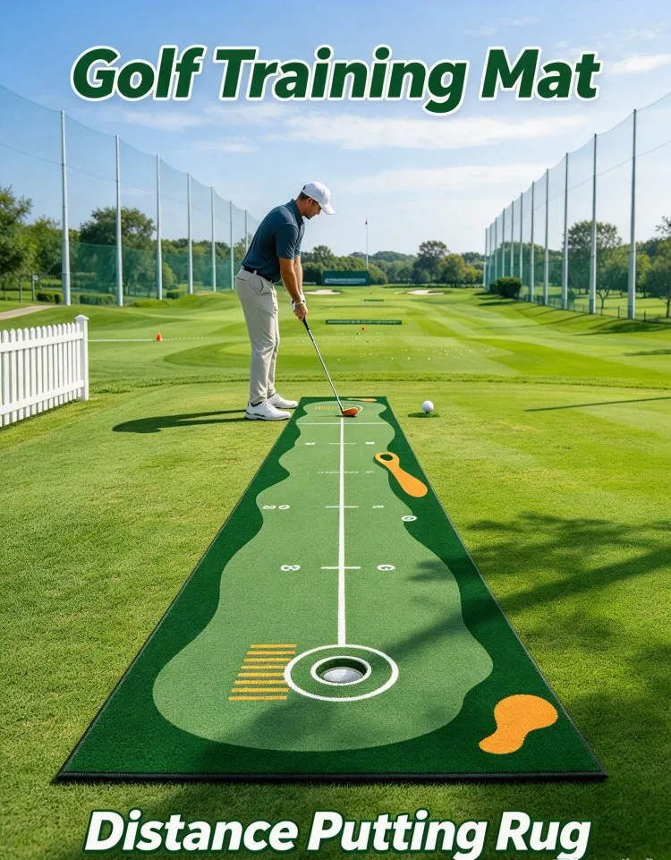 VIKAMA 1. Long Golf Putting Training Mat, Green Portable Practice Rug with Distance Mark Lines, Non-slip Indoor Backyard Garden