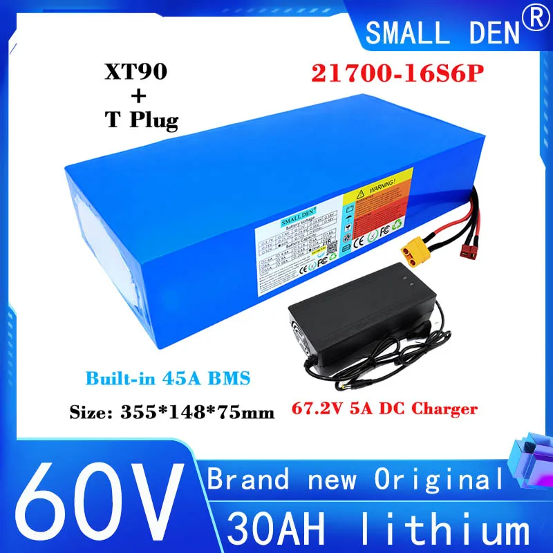 New 60v 30ah 1000 lithium battery 16s6p 2500-67.2W 1000V electric scooter motorcycle tricycle 5a charger EU/US tax exempt