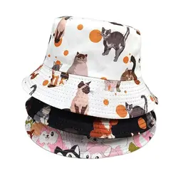 2024 Four Seasons Polyester Cartoon Cat Print Bucket Hat Fisherman Hat Outdoor Travel Sun Cap For Men And Women 05