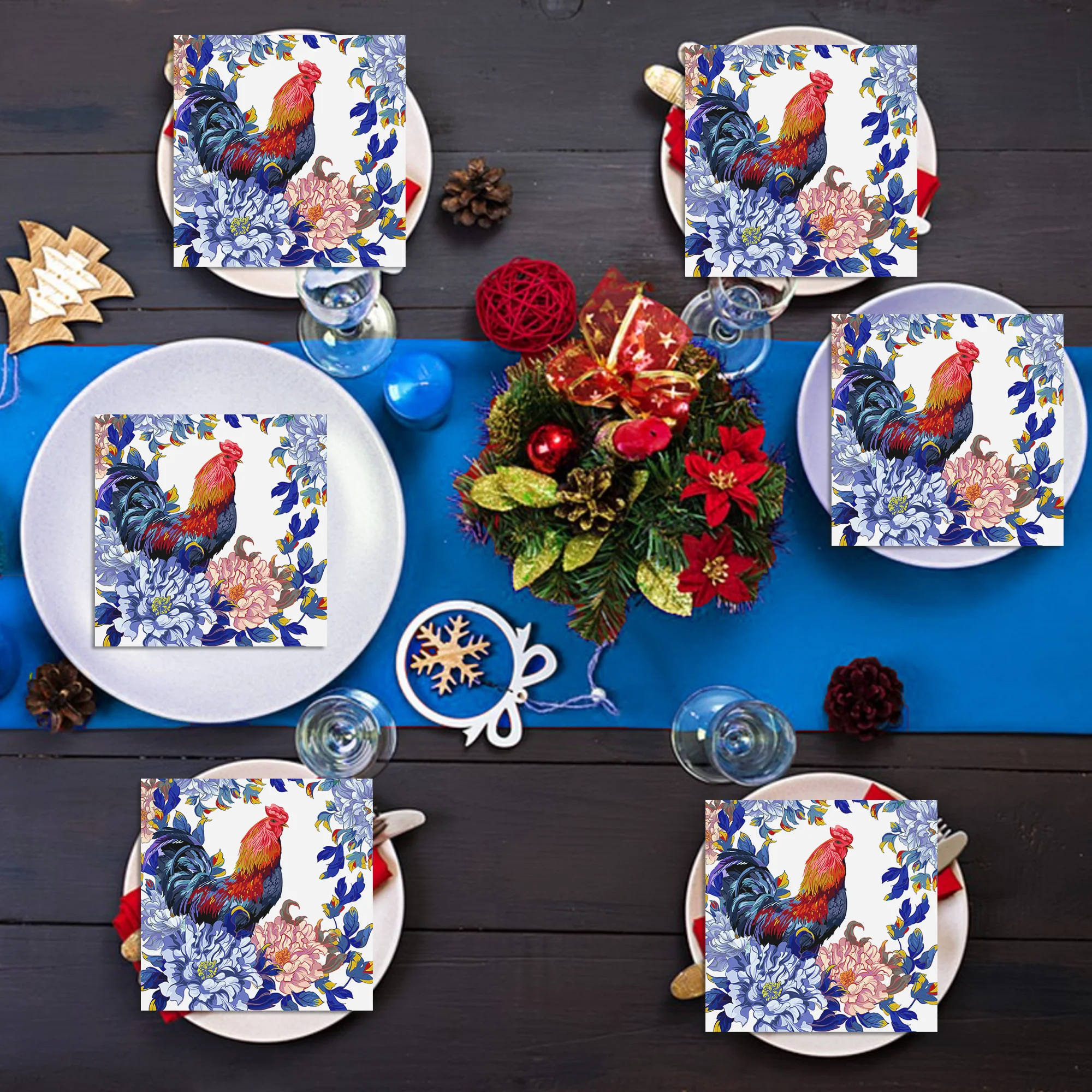 20-Pack 2-Ply Flower Rooster Pattern Square Paper Napkins, Disposable Party Napkins for Birthday, Bathroom Hand Towels