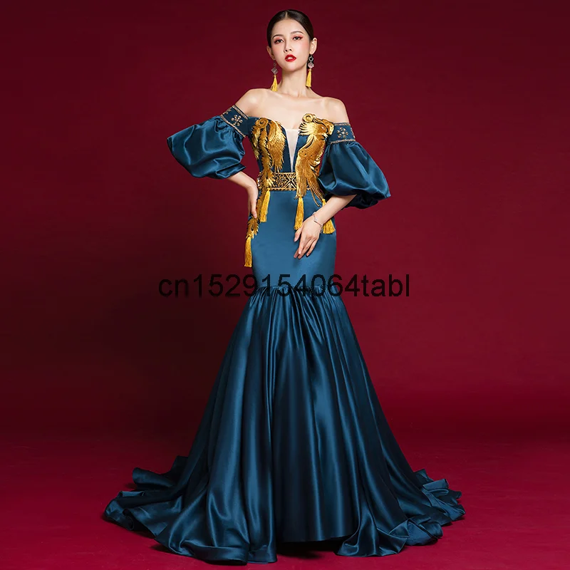 Exaggerated Adult Runway Gown Feminine Temperament, Long Style Performance, Chinese Style Trailing One Shoulder, Hosting Han Fu