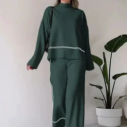 Pant Sets Women Two Piece Knit Full Sleeve Stand Collar Top Pullovers Midi Waist Long Pants Straight Casual Autumn Winter